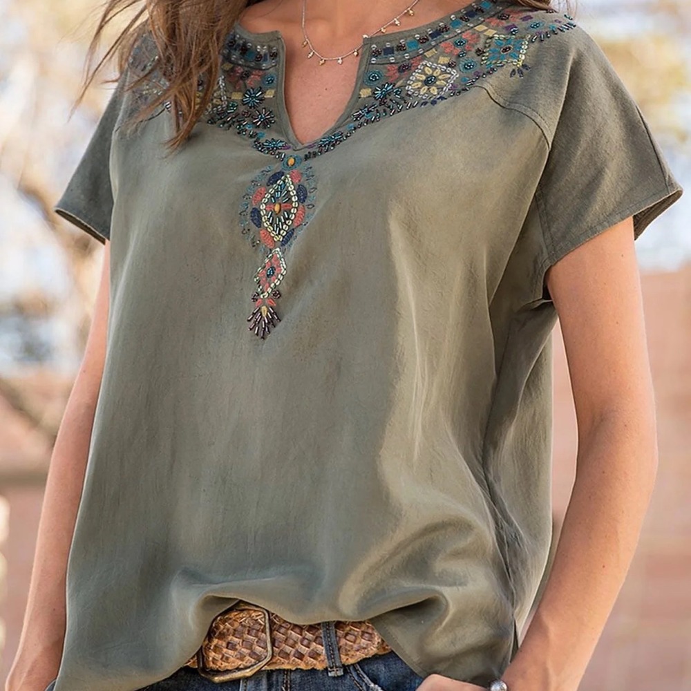 Sundance Enchanted Neckline Top Olive Green Silk Linen Boho Blouse Embroidered M